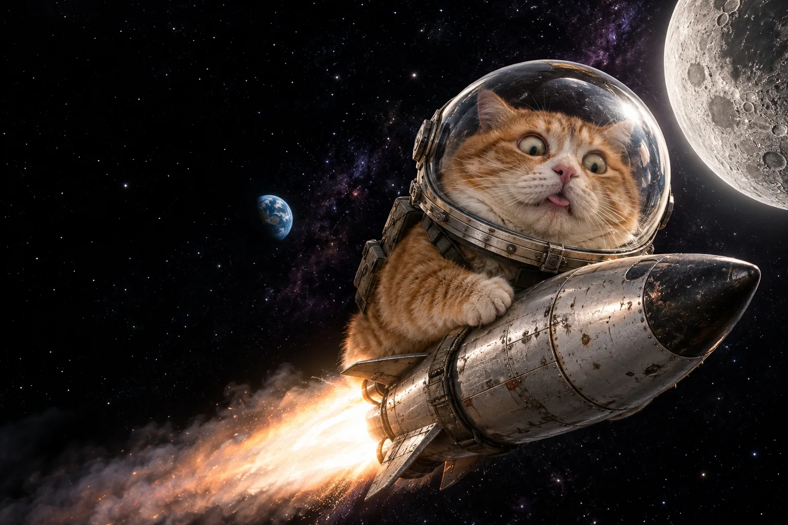 A real orange cat with a hilariously startled face and its tongue out, riding a rocket toward the moon in an astronaut helmet.